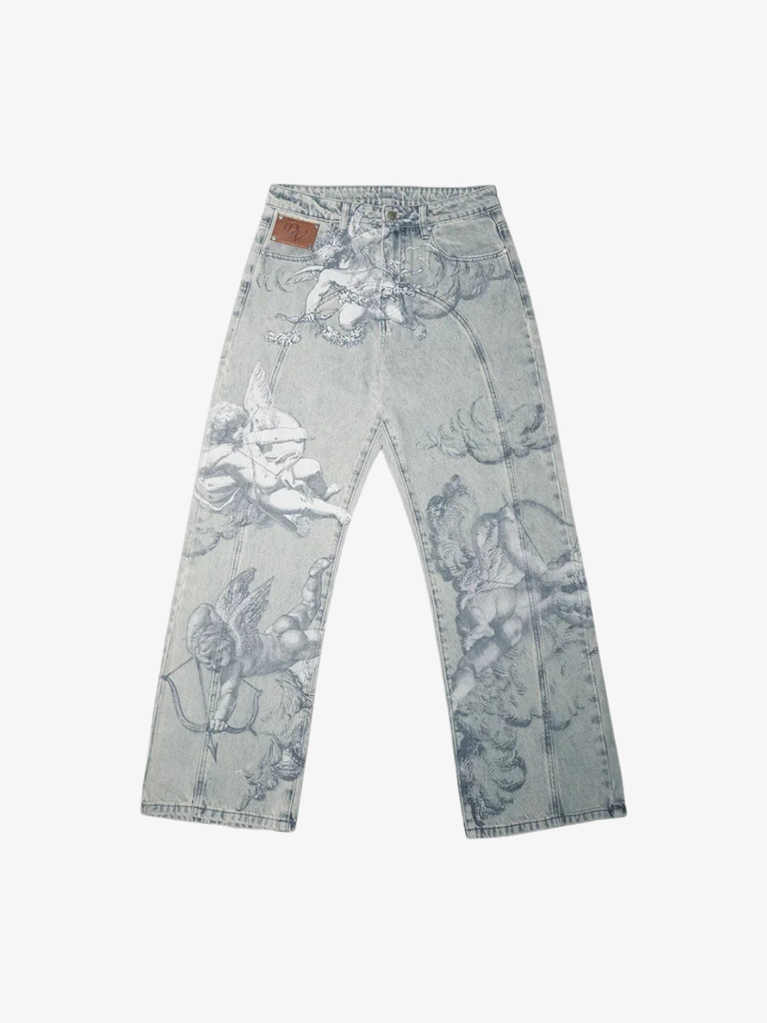 Jean Ange light blue angel print baggy jeans front view
