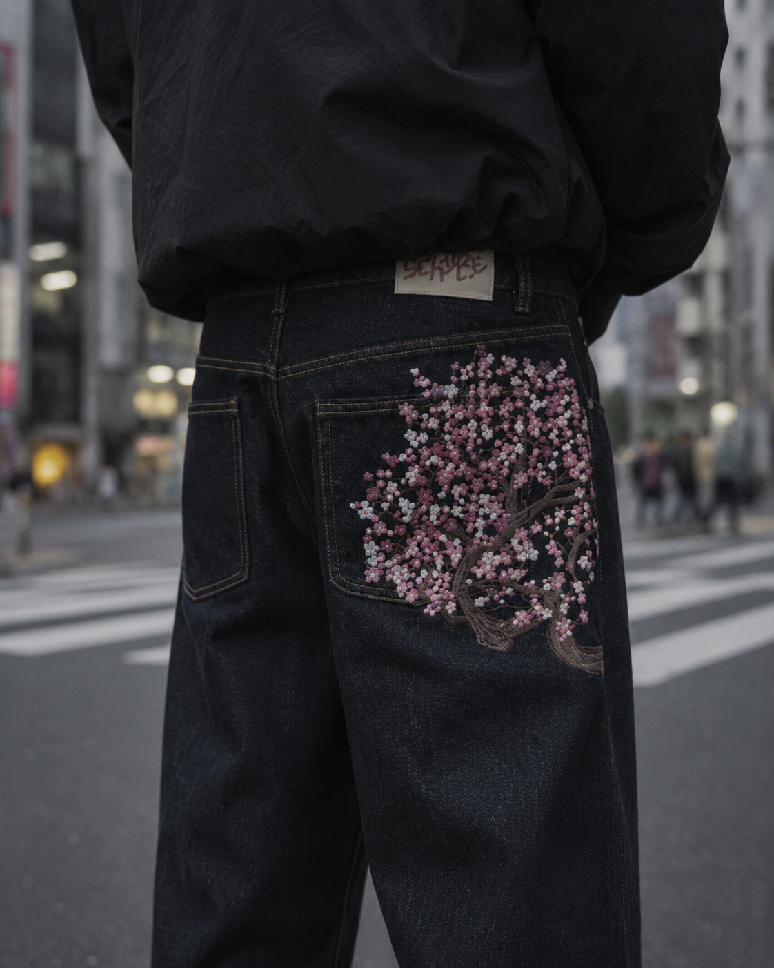 Détail broderie sakura poche dos du Jean Sakura