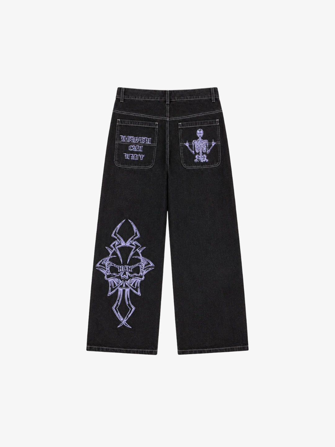 Black embroidered jeans with purple stitching, back view