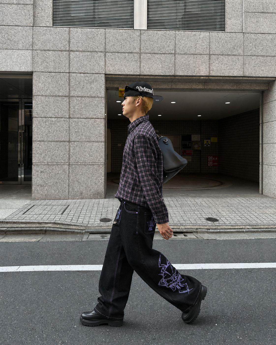 Black embroidered jeans with purple stitching, streetwear fit