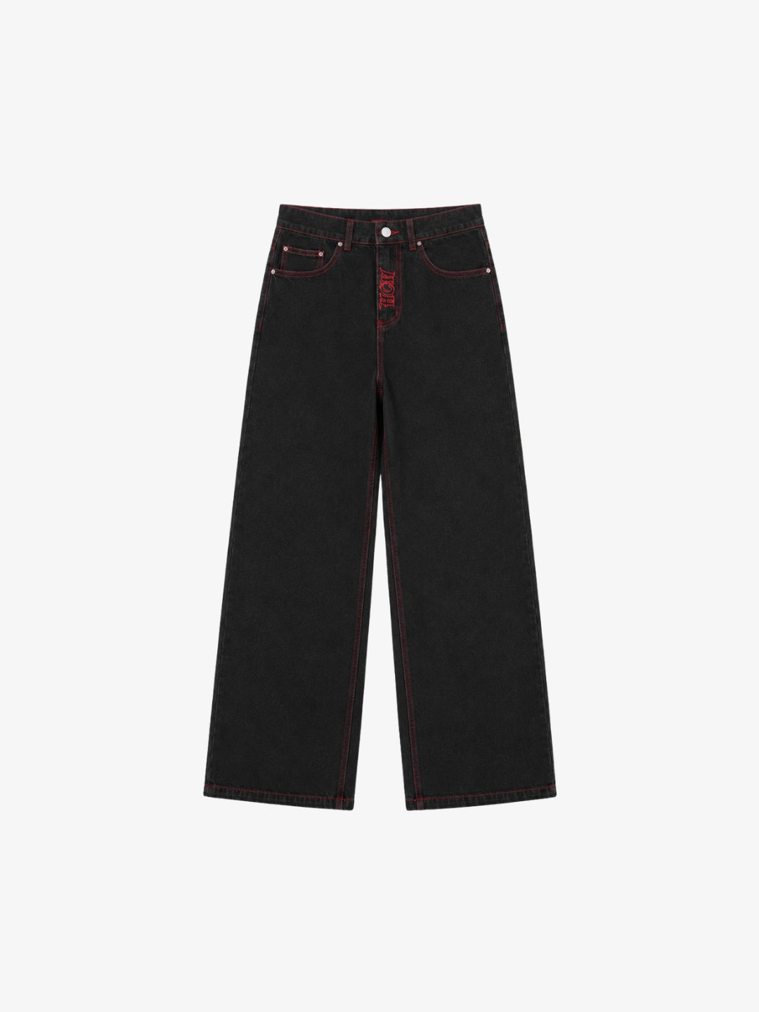 Black embroidered jeans with red stitching, front view