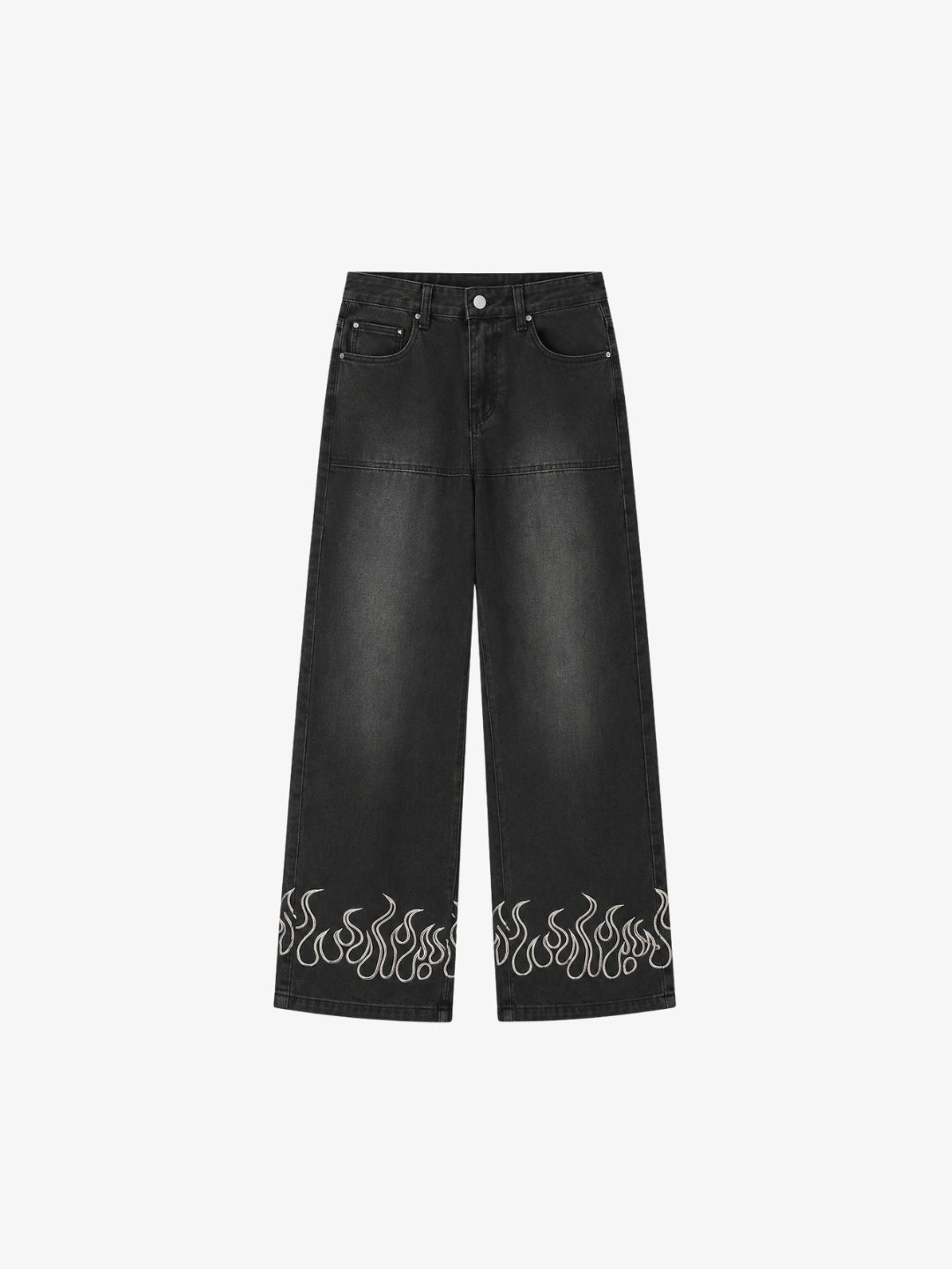 Black baggy flame jeans front view