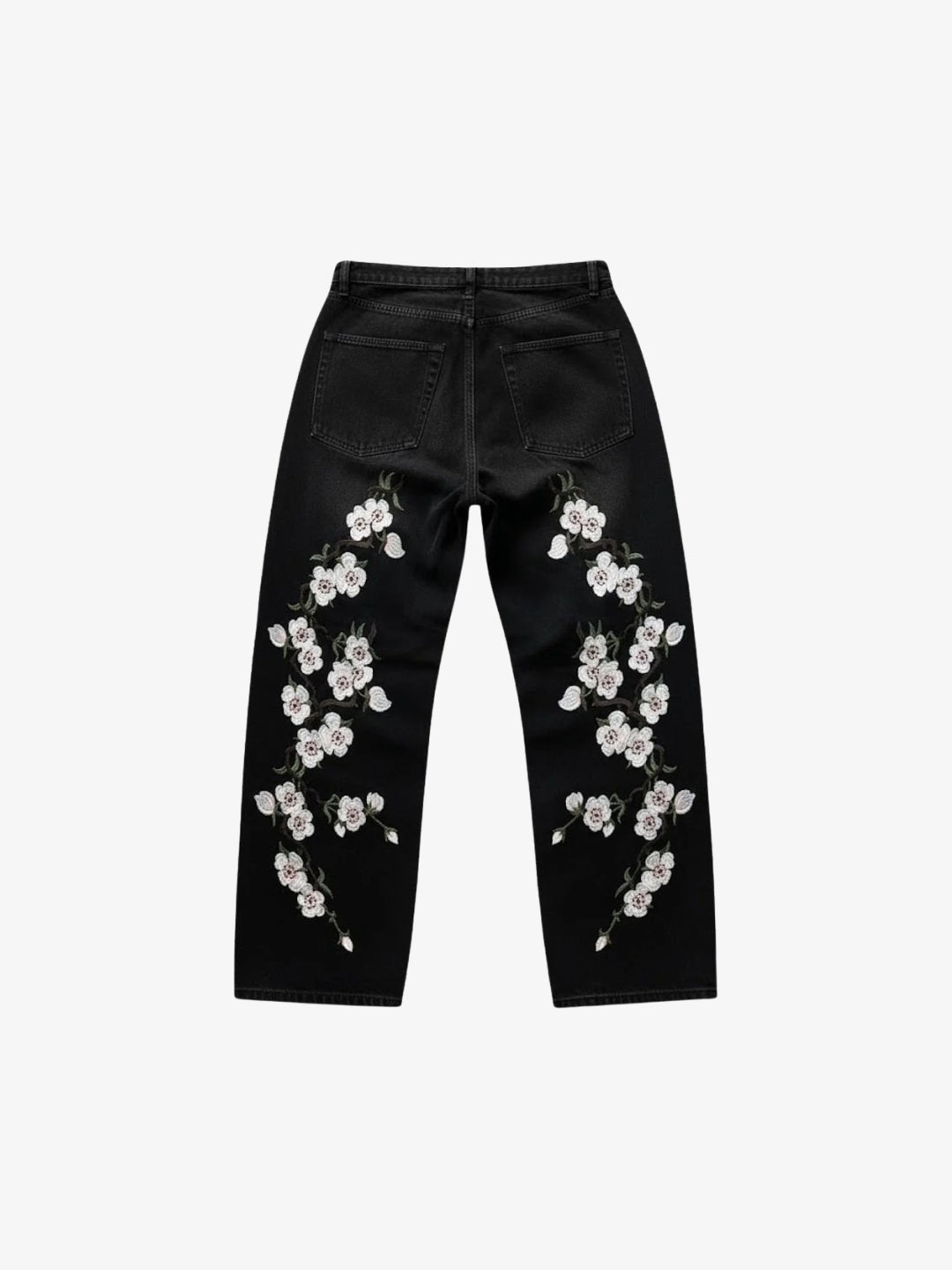 Black flower jeans cherry blossom embroidery back view