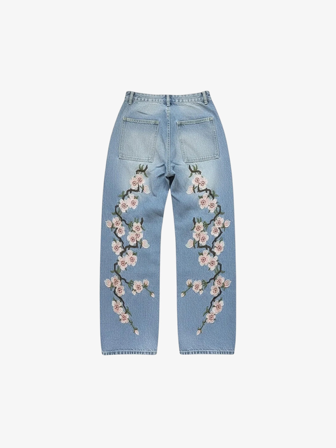 Blue flower jeans cherry blossom embroidery back view