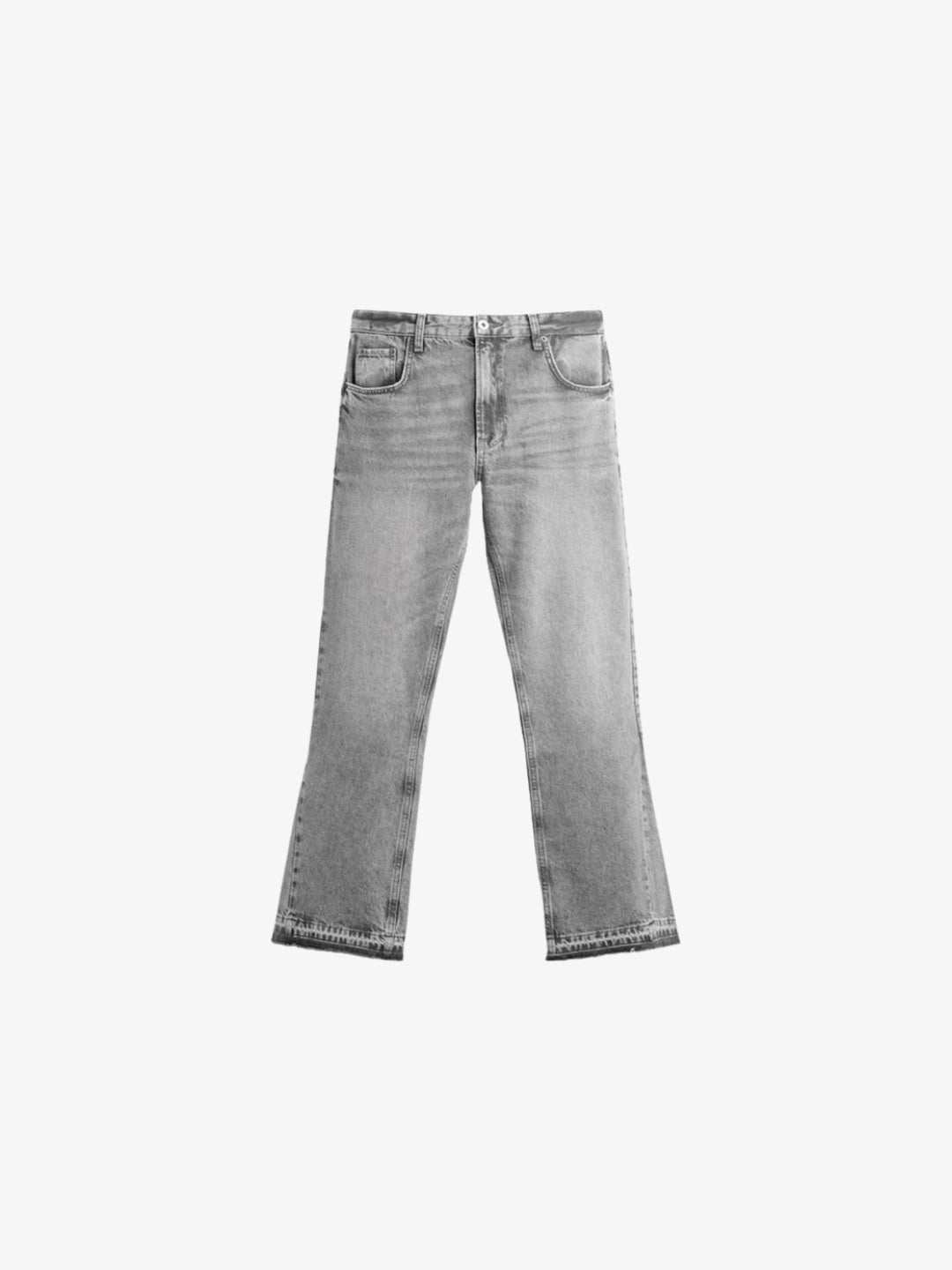 Men's light grey washed flare jeans flat front view