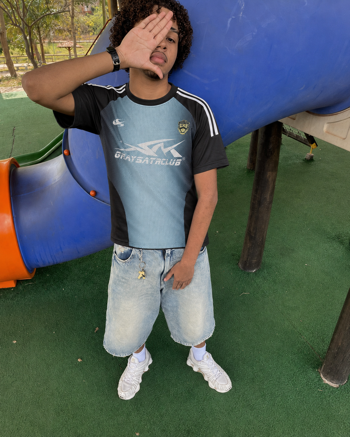 Maglia da calcio Signature blu nera indossata blokecore vista frontale