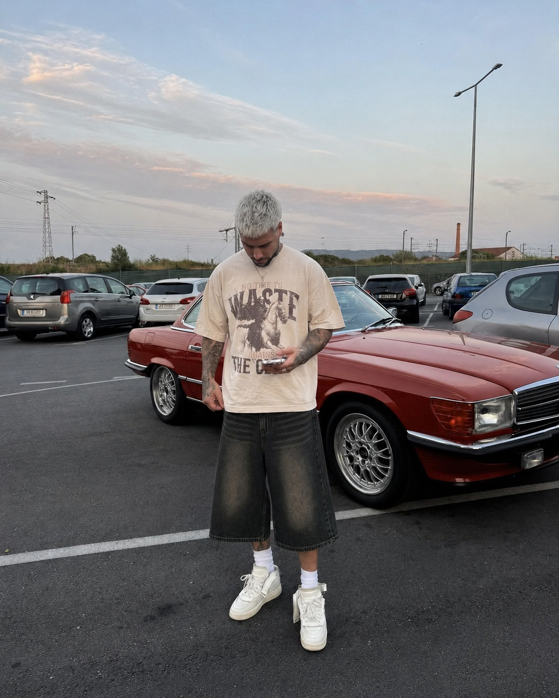Jorts baggy noir porté avec t-shirt oversize et sneakers blanches