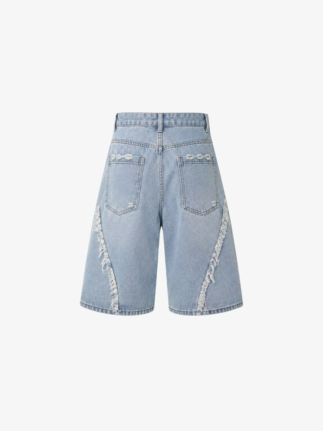Jorts effilochés bleu washed vue de dos avec déchirure
