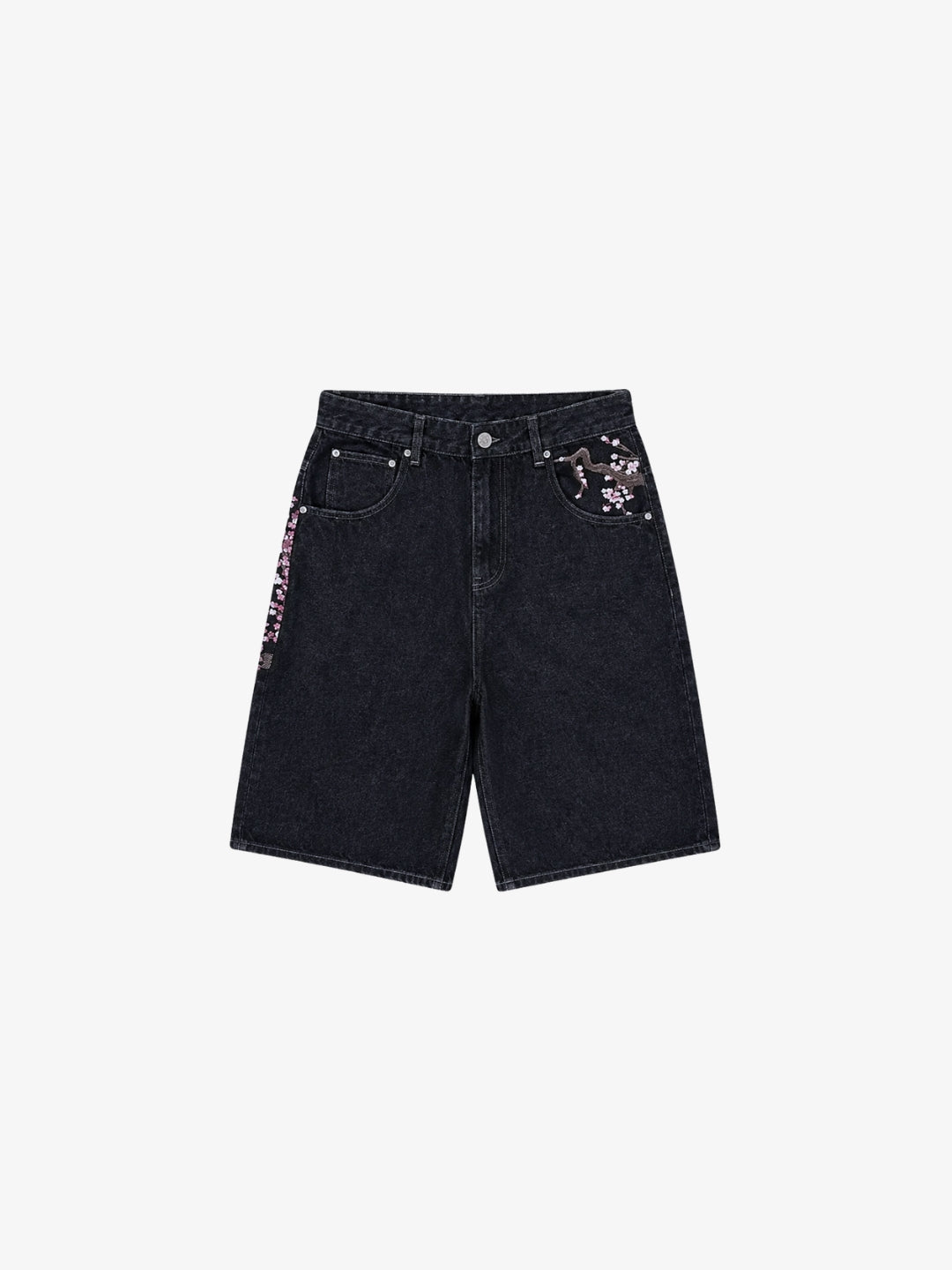 Black denim sakura jorts front view with pink floral details