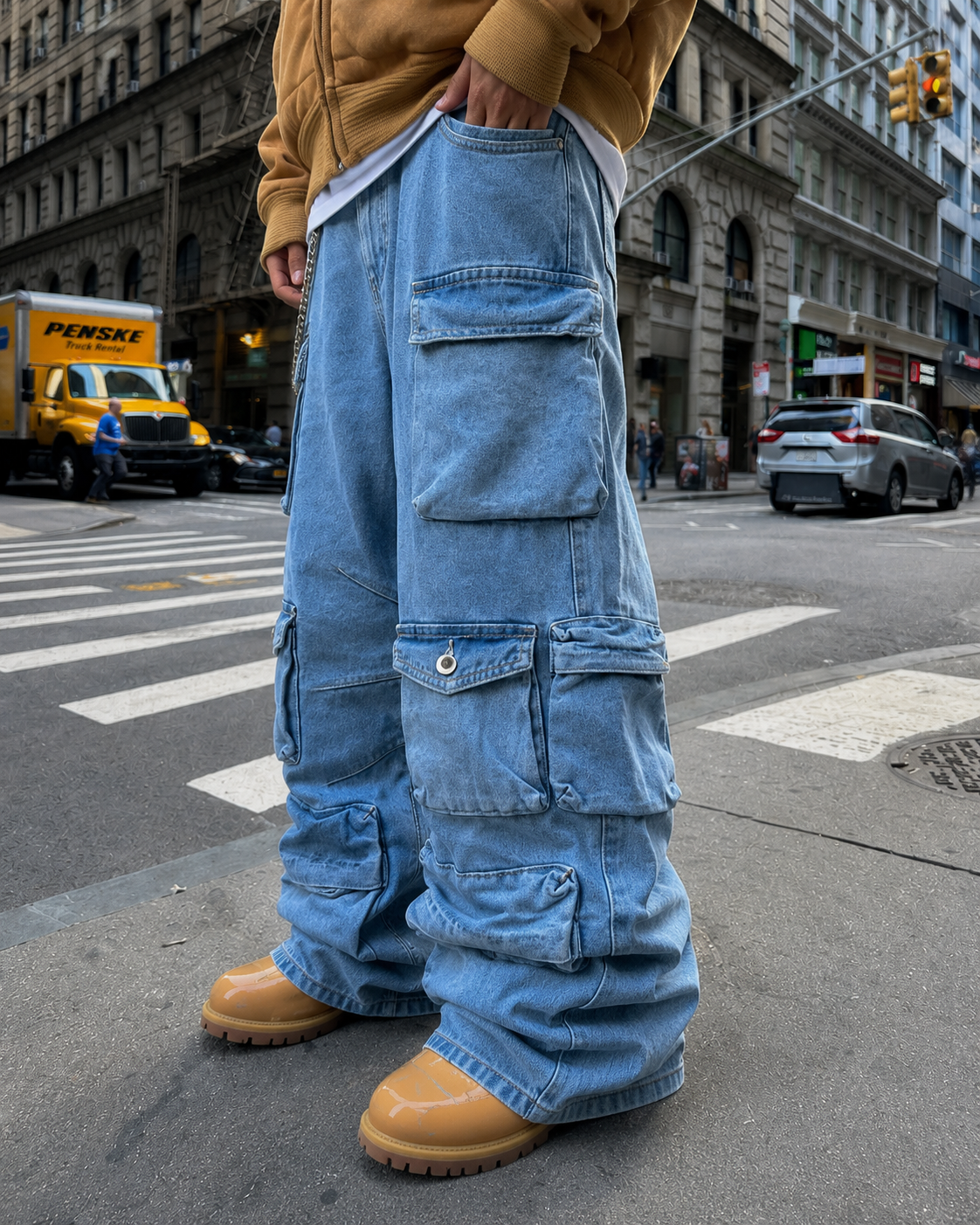 Light blue cargo pants leg pocket detail