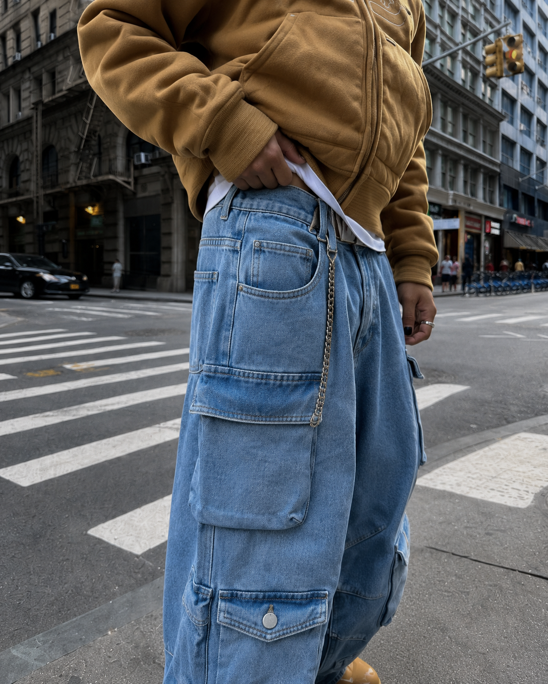 Light blue cargo pants side pocket detail