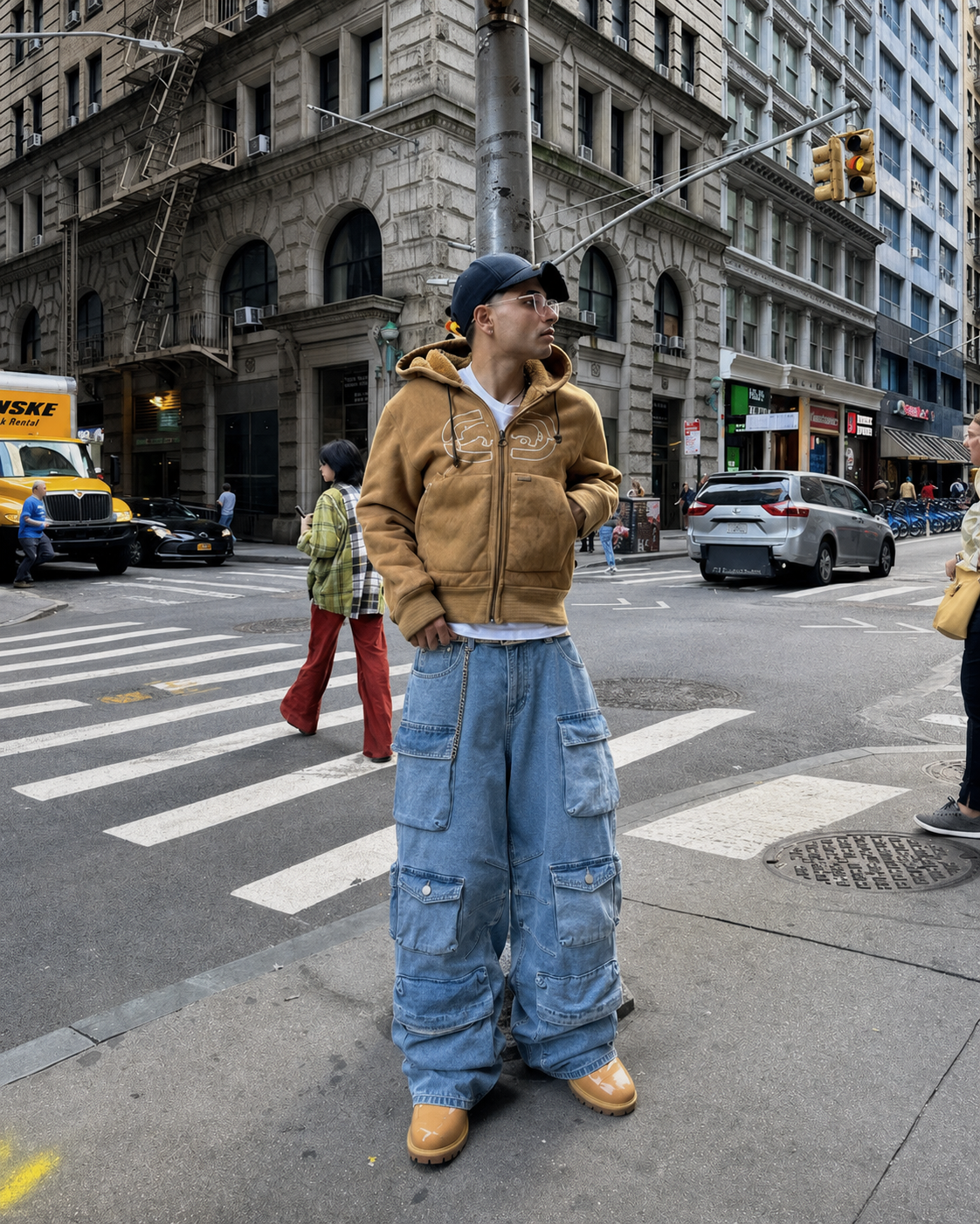 Light blue multi pocket cargo pants worn streetwear