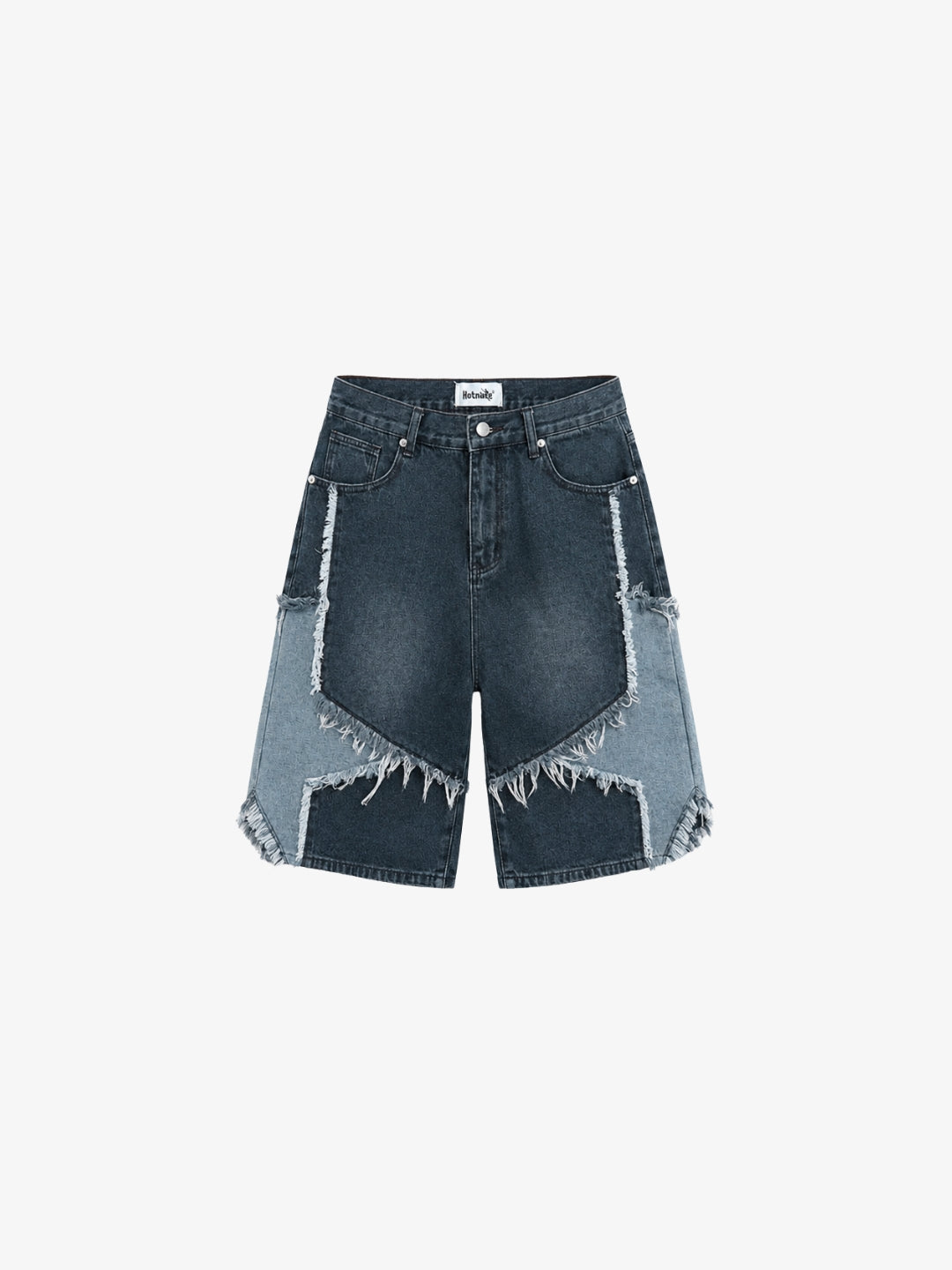 Jorts patchwork indigo vue de face sur fond blanc, panneaux bleu clair contrastés