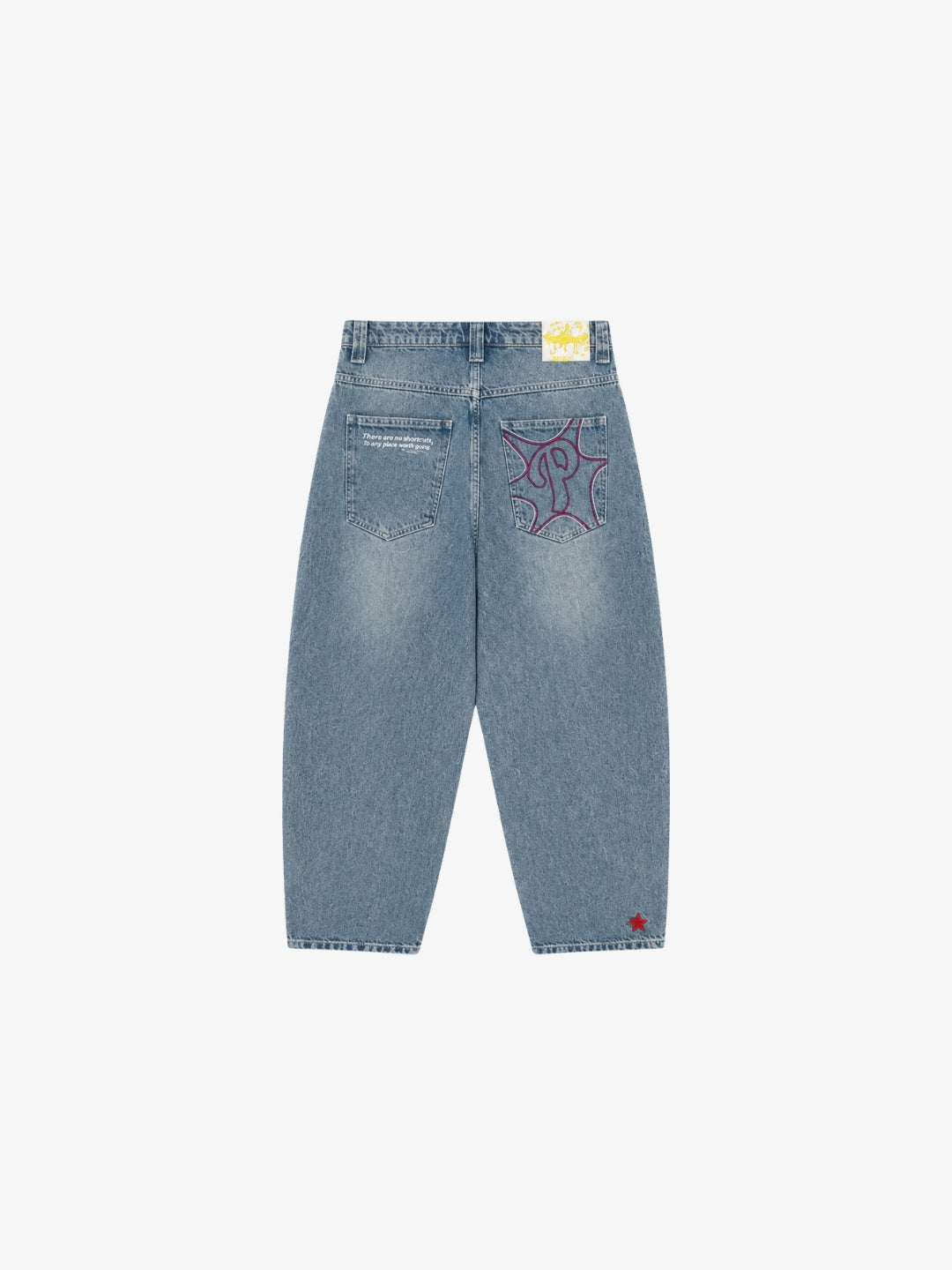 Blue Protect jeans flat back view with red star