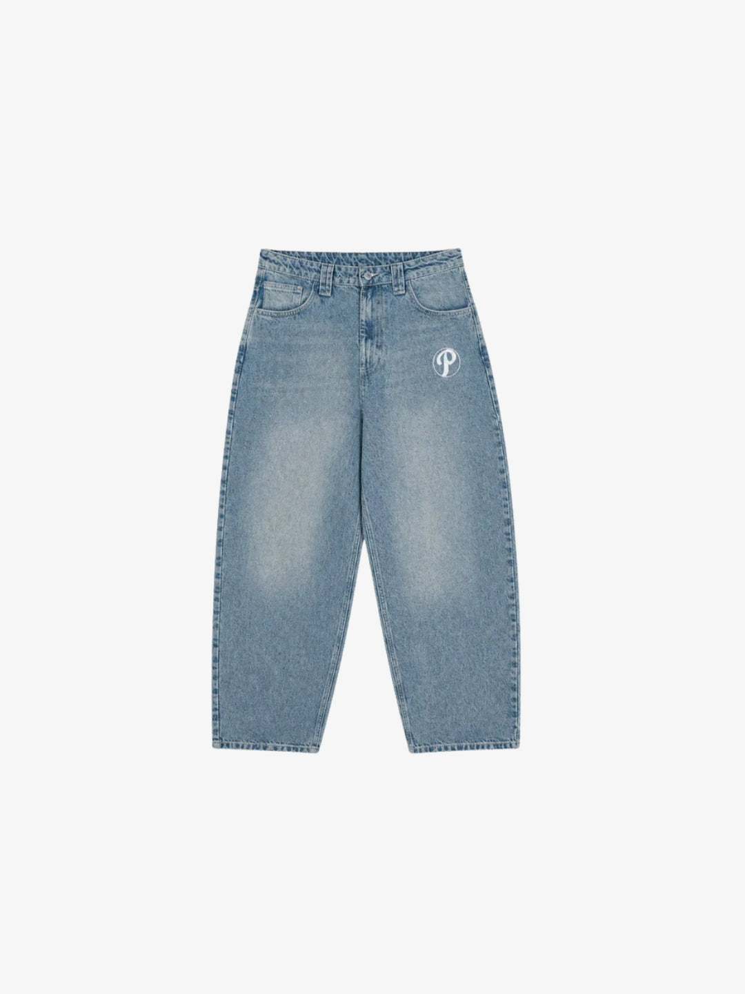 Blue Protect Y2K baggy jeans flat front view