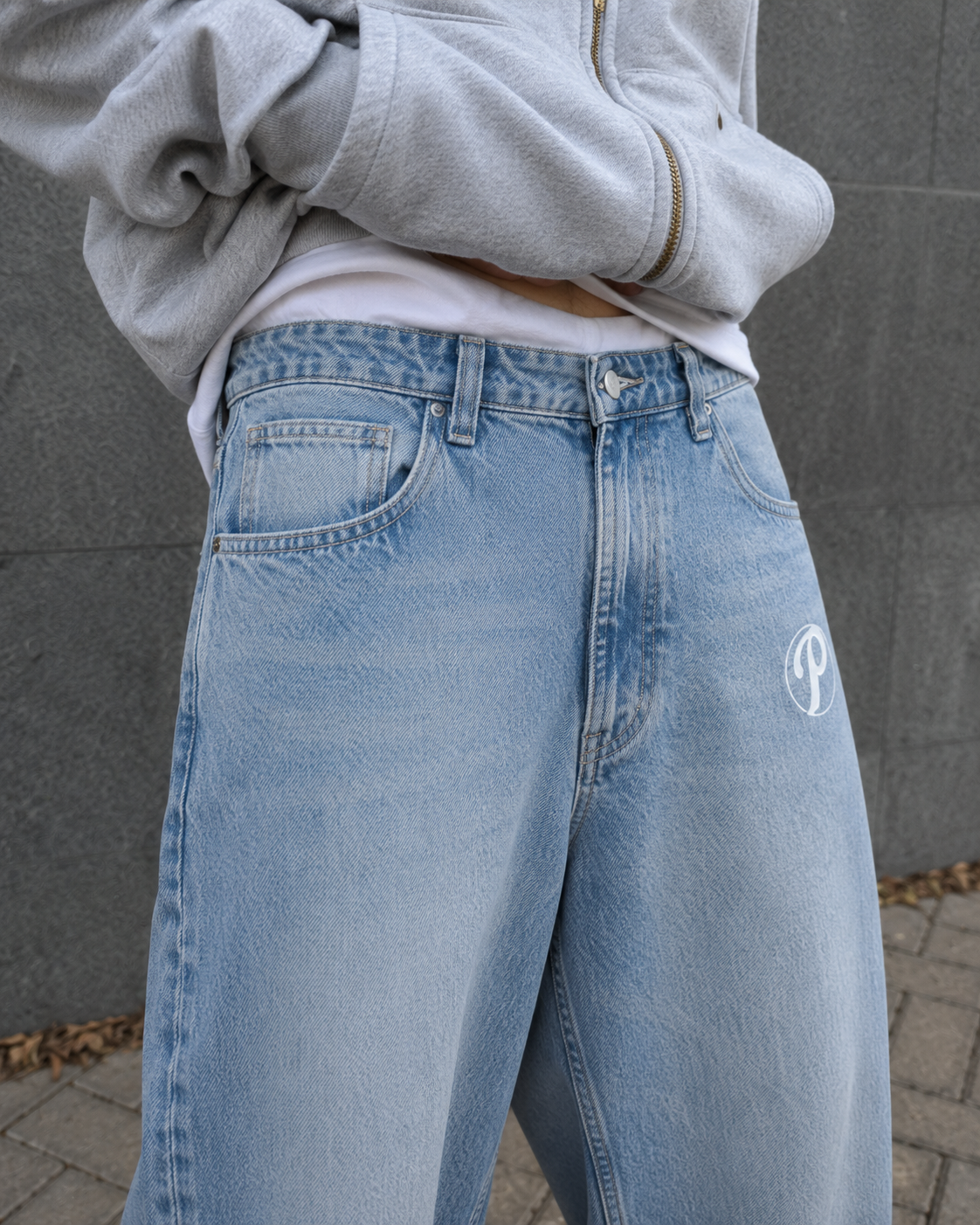 Blue Protect jeans white embroidered thigh logo detail