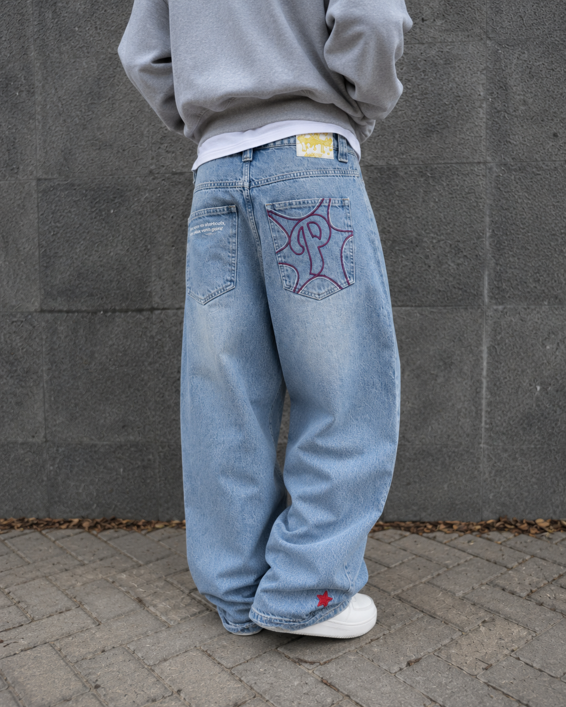 Blue Protect jeans worn back view with embroidered pocket