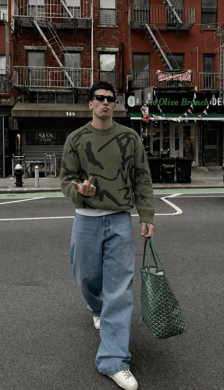 Pull abstrait vert olive porté streetwear en ville