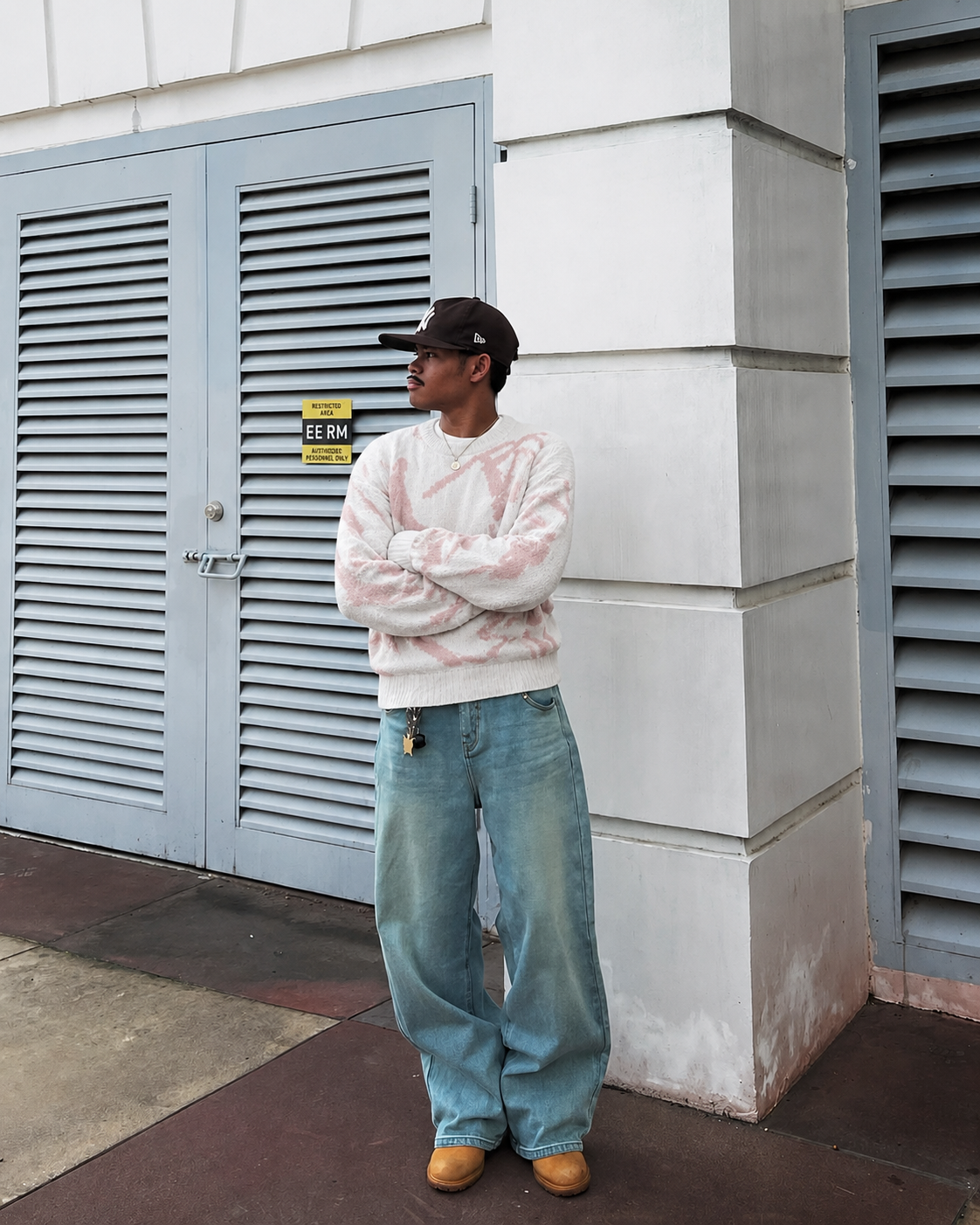 Pull abstrait blanc et rose porté avec jean baggy