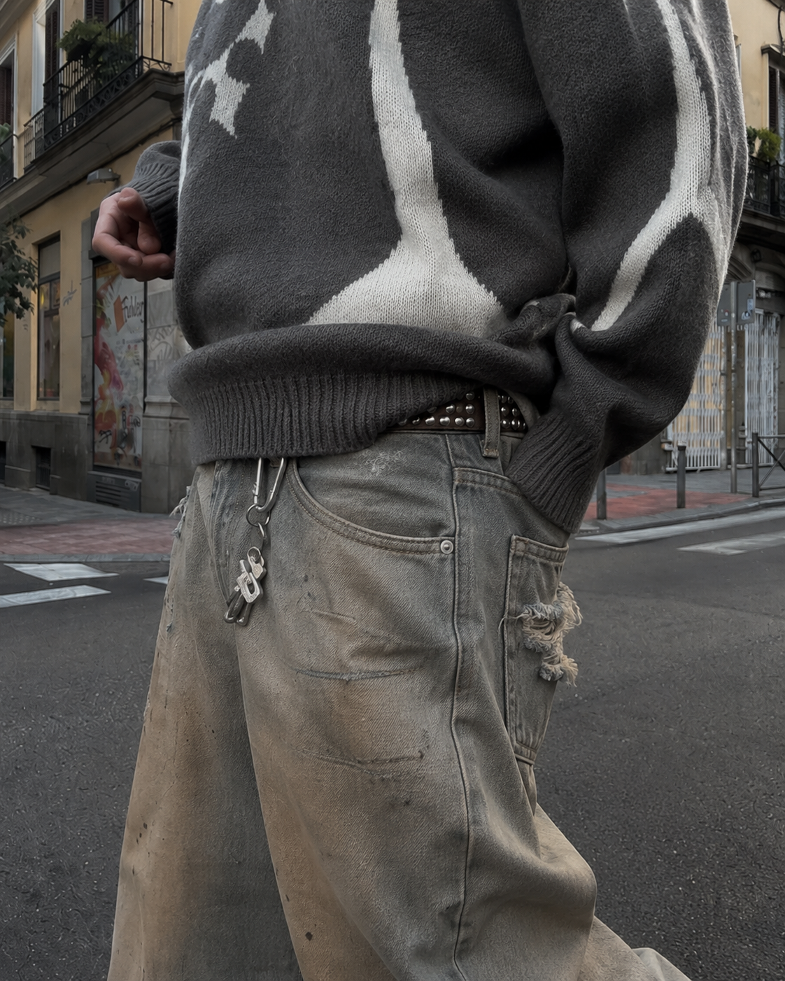 Grey Y2K sweater knit and waist motif detail