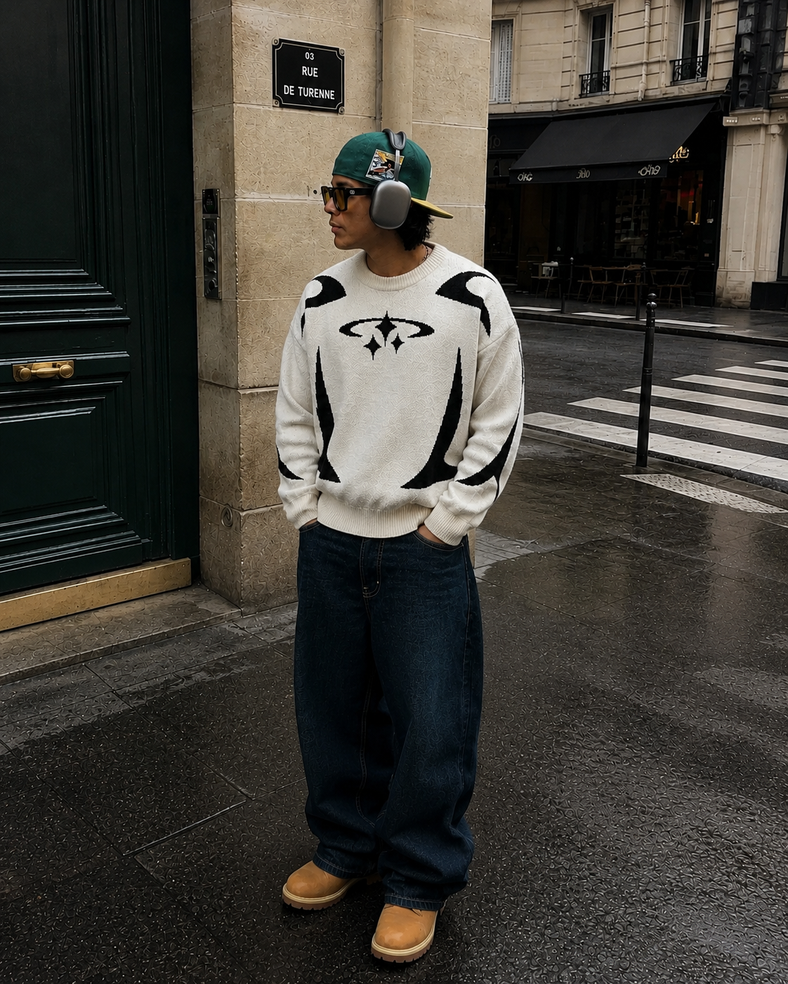 White Y2K graphic knit sweater worn front view