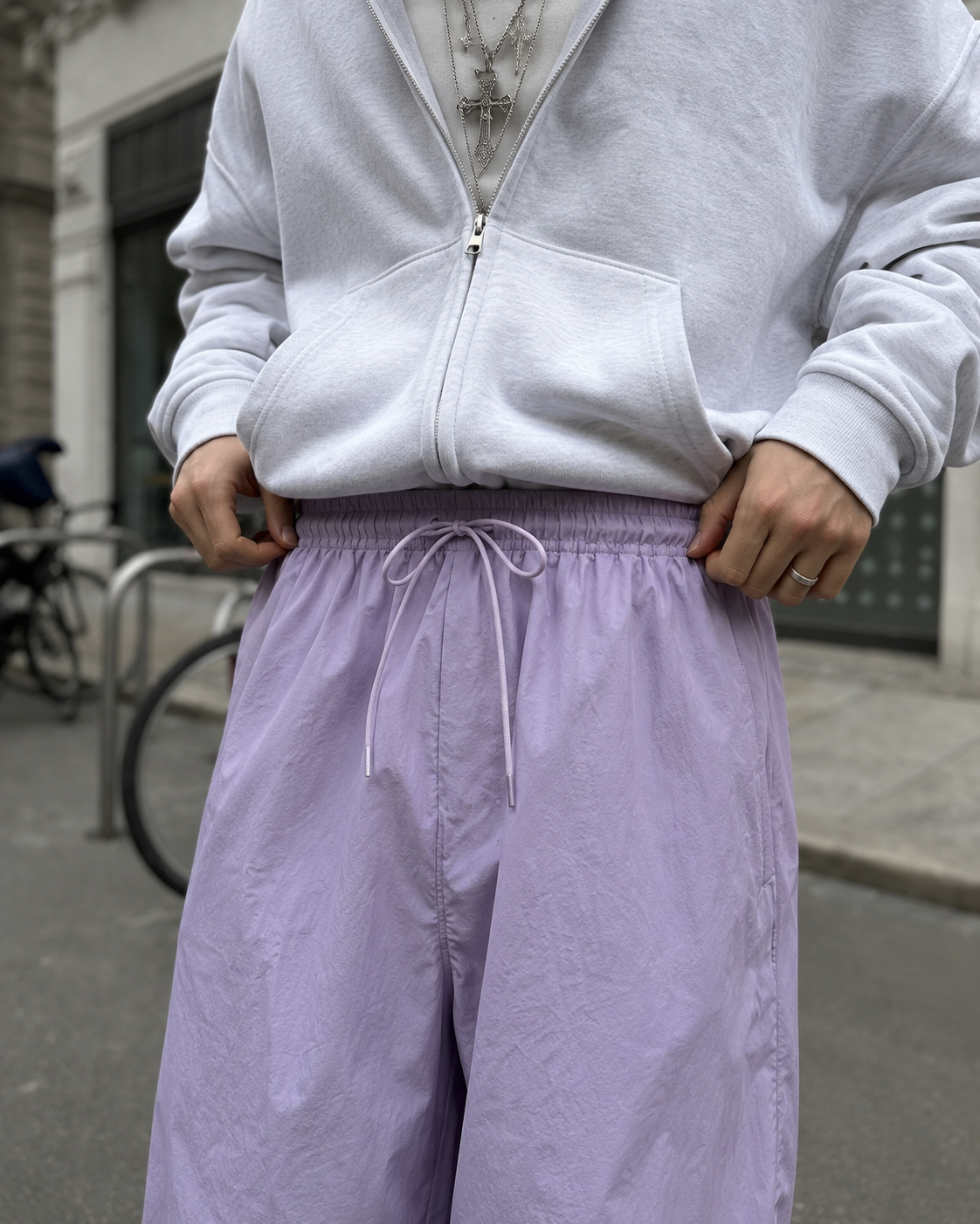 Purple parachute pants elastic waist detail