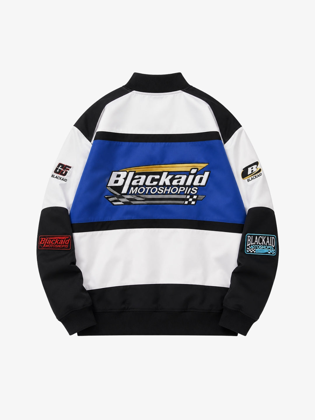 Blue white black racing jacket back view