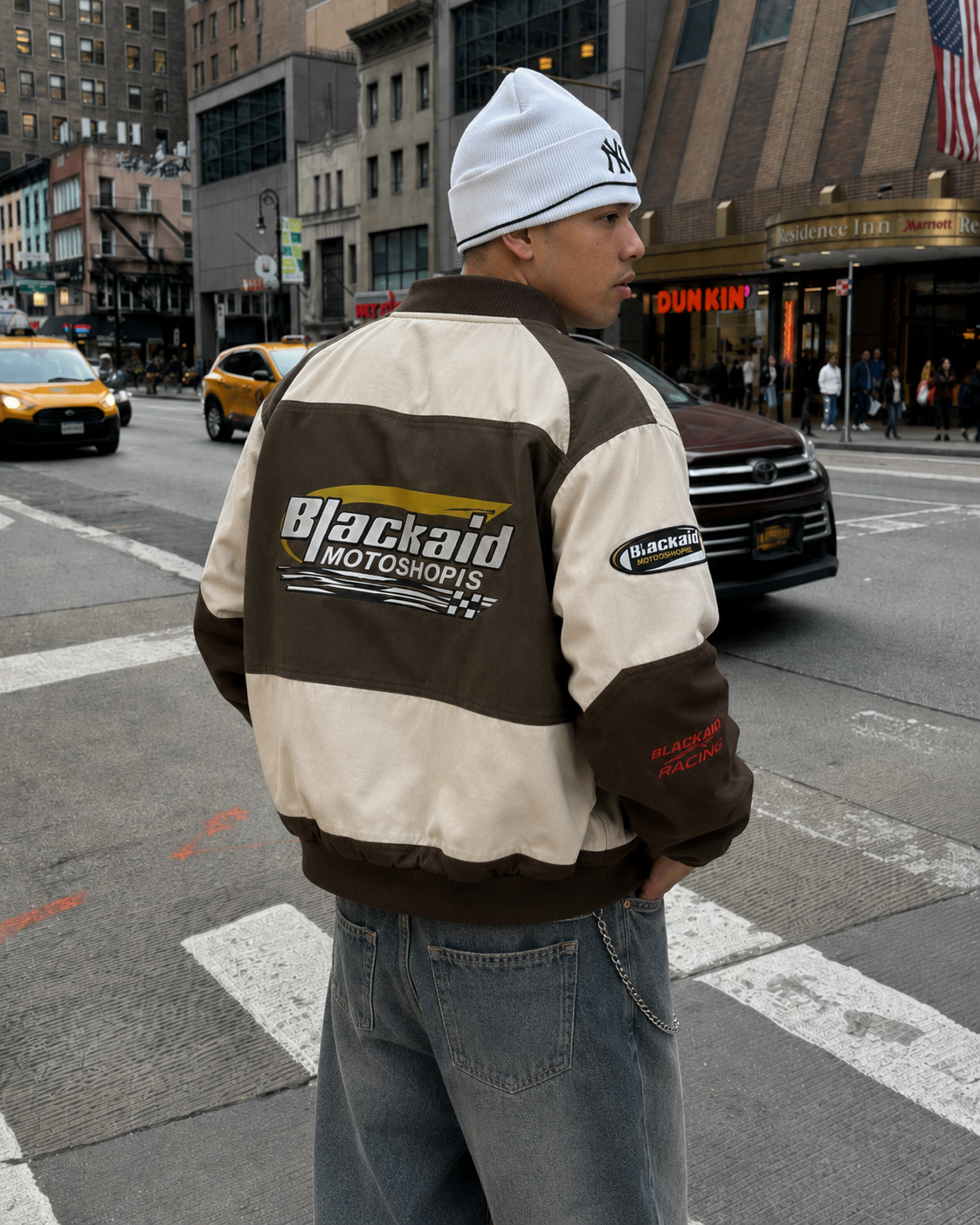 Brown beige racing jacket worn back view
