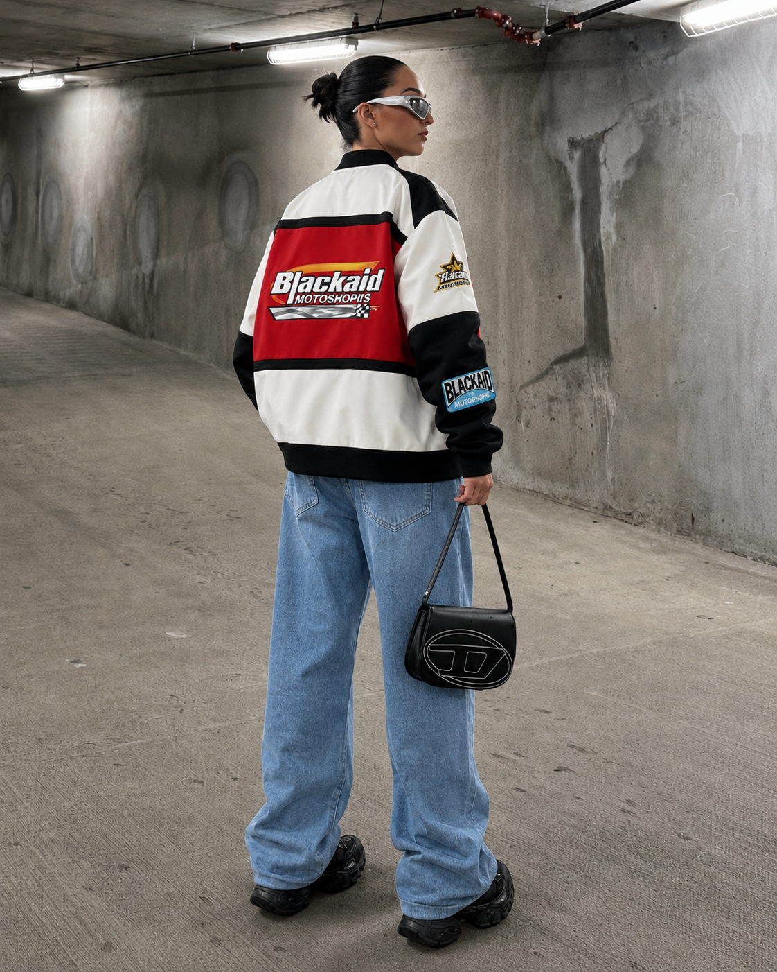 Red racing jacket worn back view