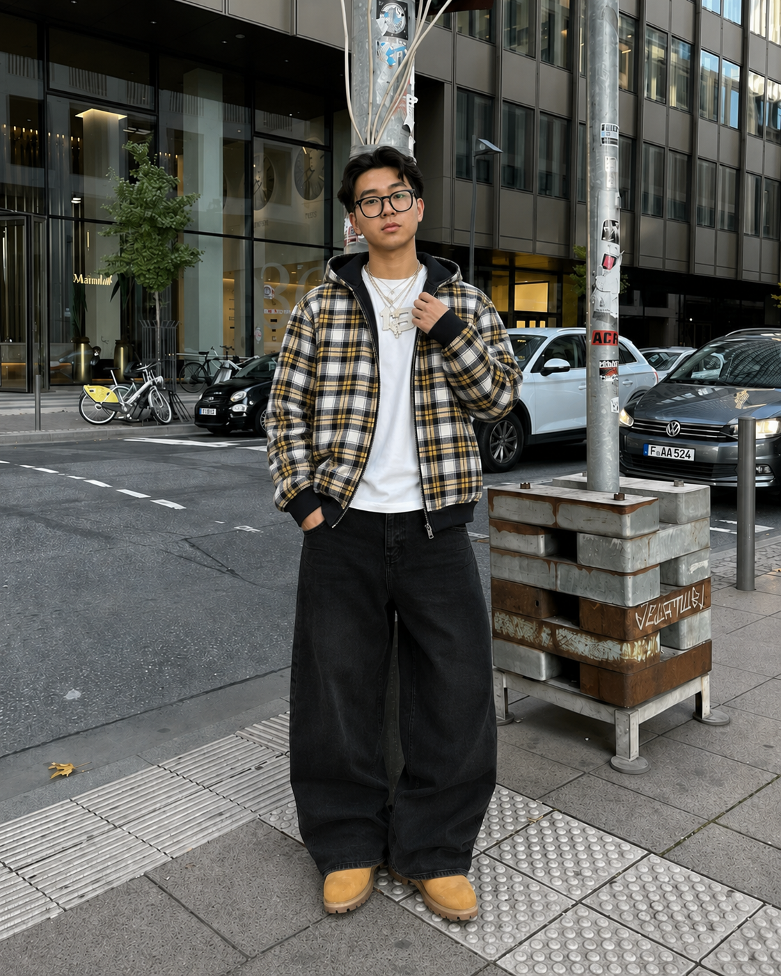 Sweat plaid réversible jaune à carreaux porté avec jean baggy