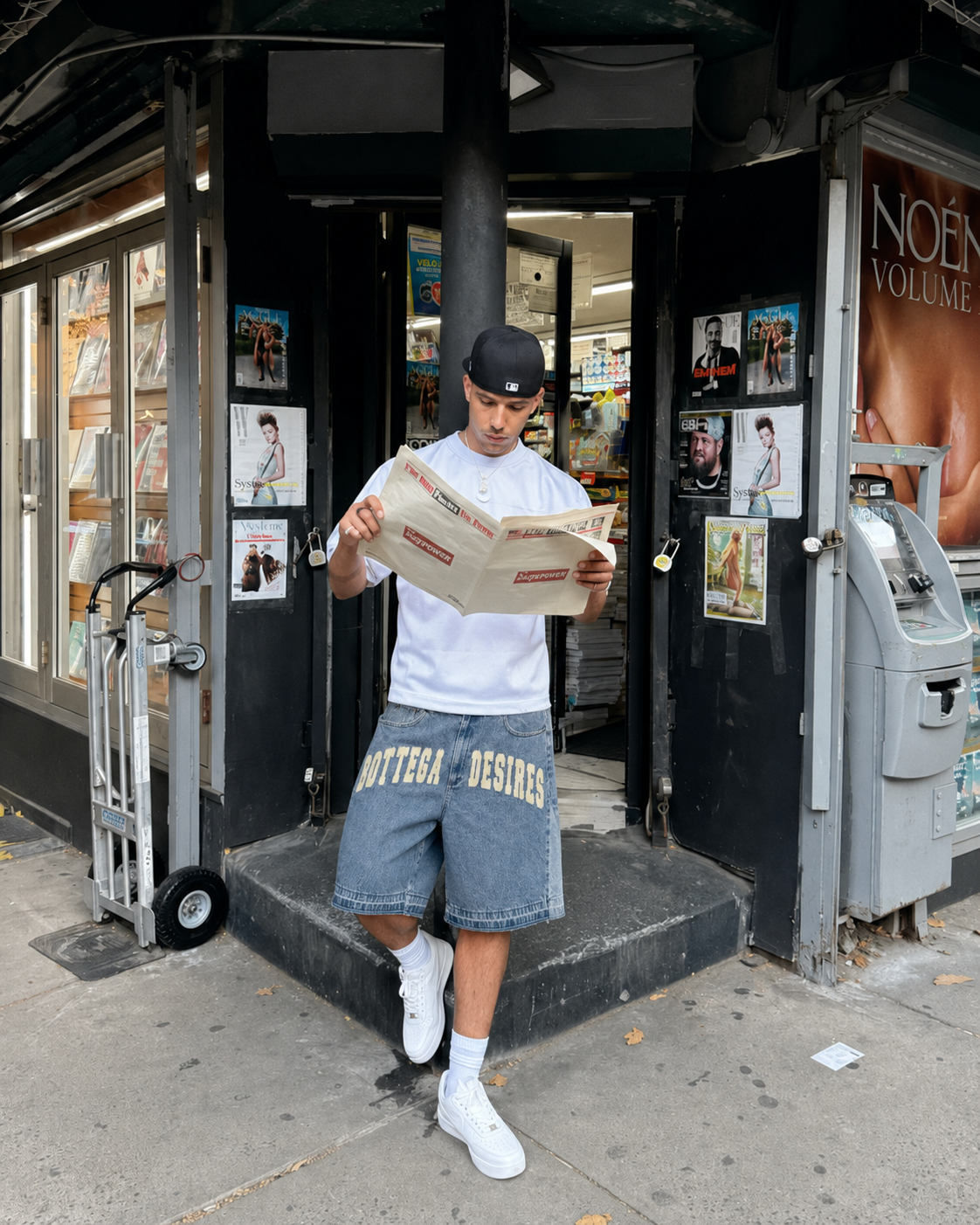 Bottega Desires blue shorts worn streetwear look