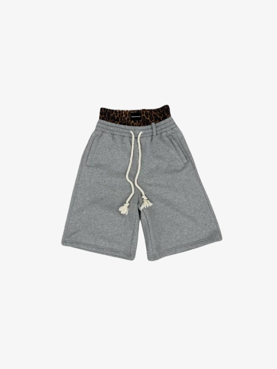 Grey double waistband shorts with leopard waistband front view