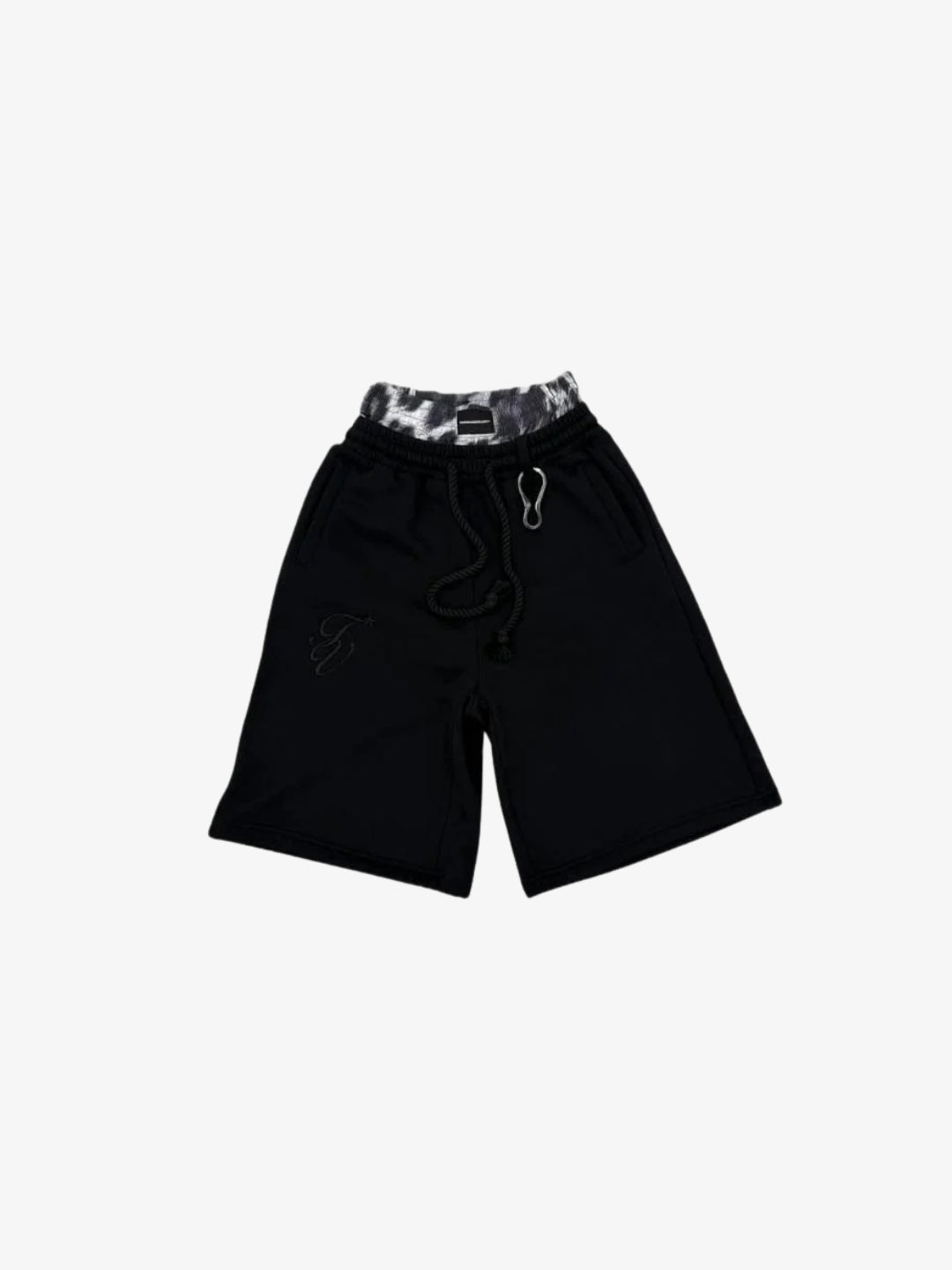 Black double waistband shorts with camo waistband front view