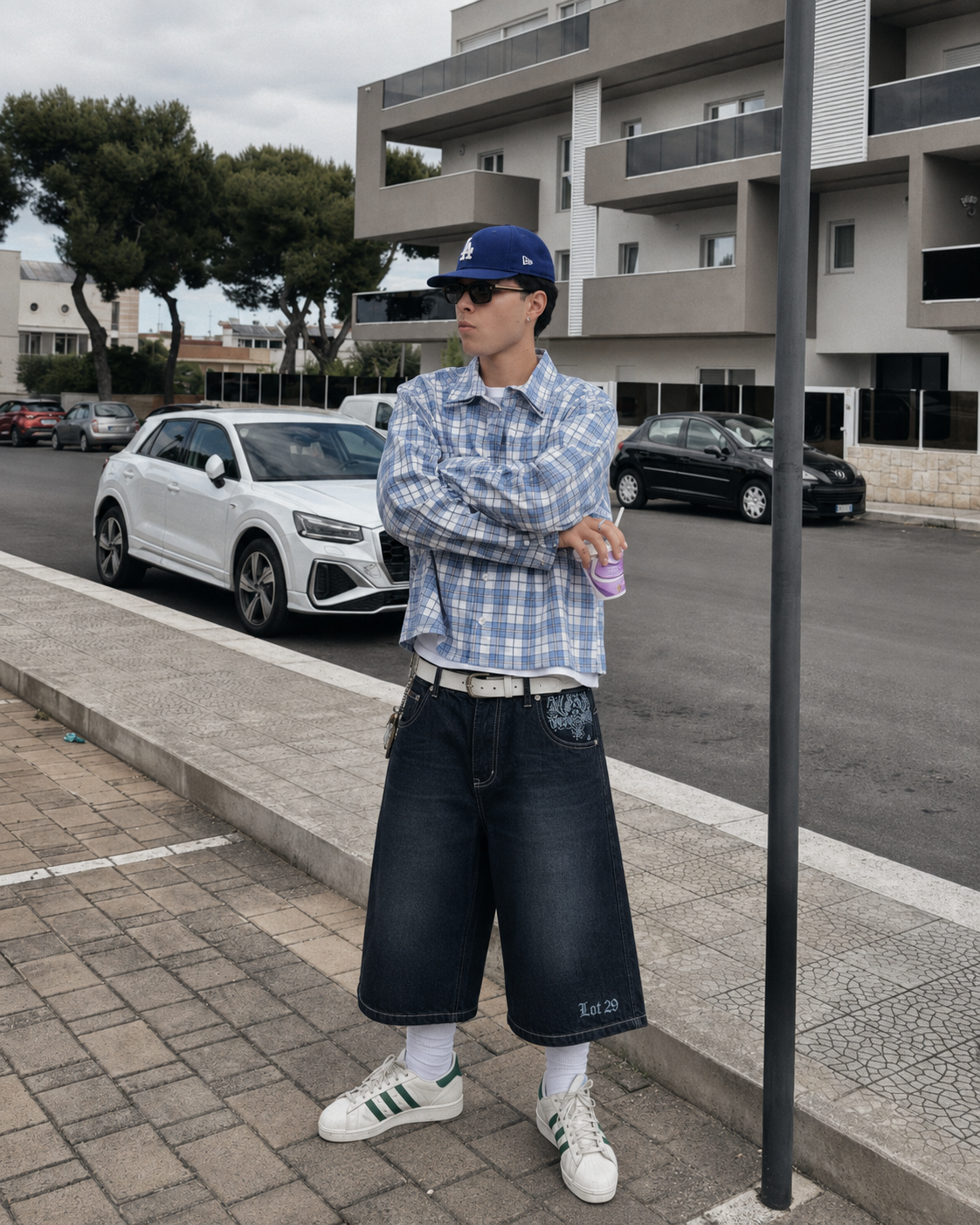 Jorts Skull portés de face en look complet avec chemise à carreaux