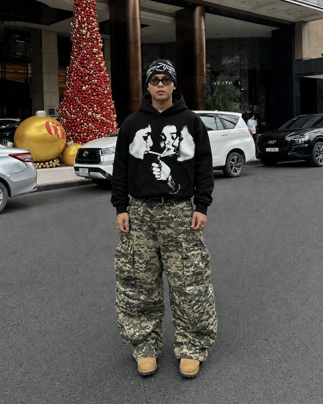 Black graphic hoodie worn Y2K streetwear