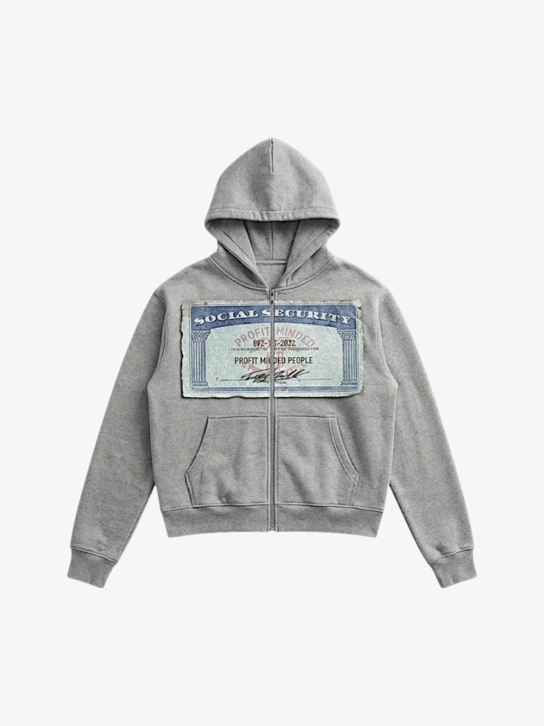 Gray Social Security zip up hoodie Y2K front view