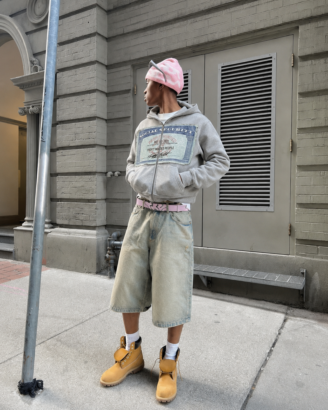 Gray Social Security hoodie worn Y2K streetwear