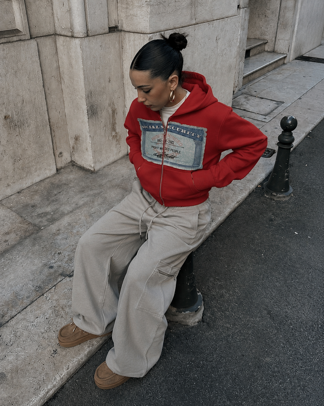 Red Social Security hoodie worn Y2K streetwear