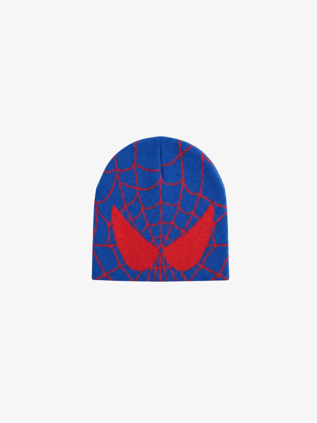 Blue and red Spiderman beanie spider web front view