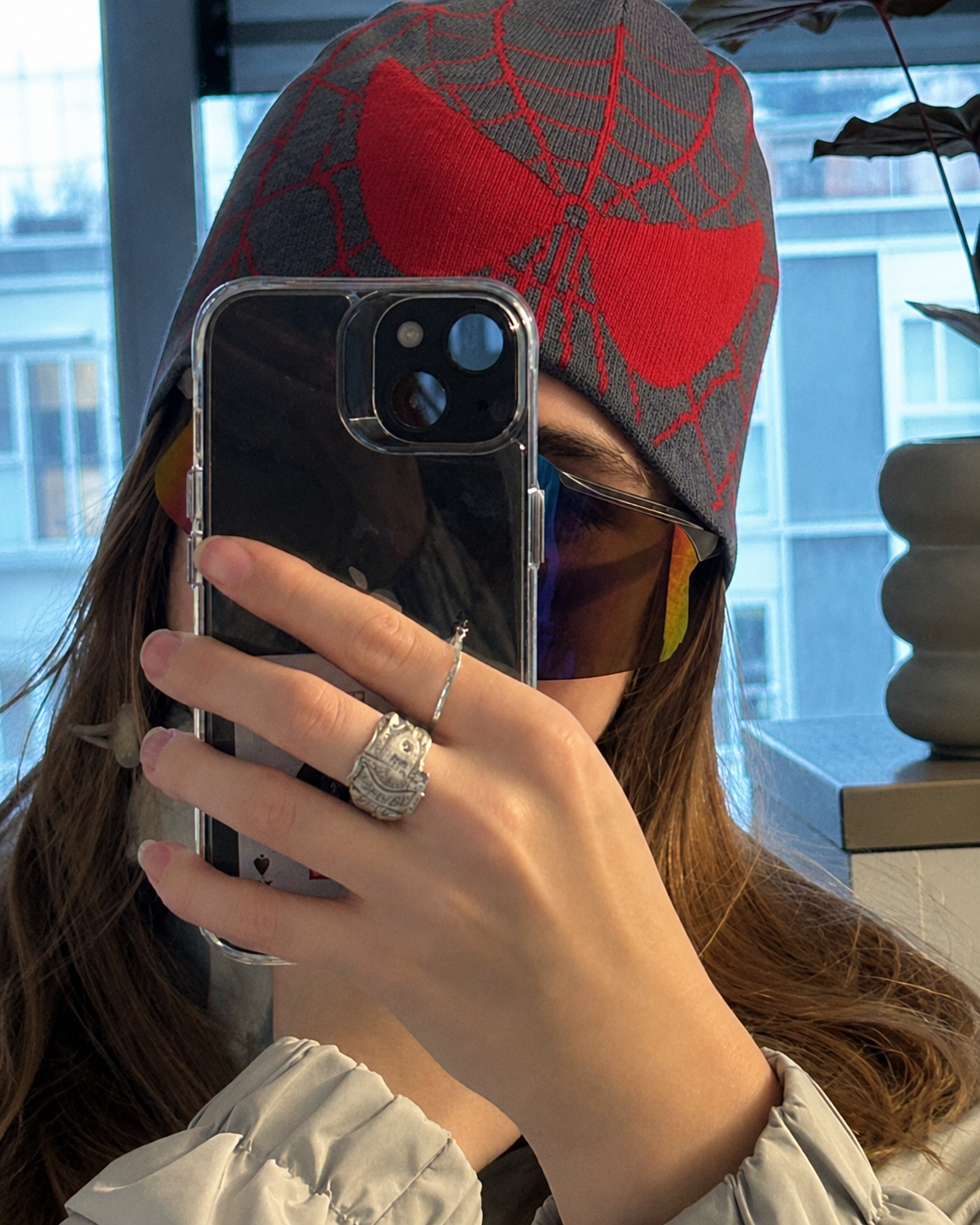Gray and red Spiderman beanie worn mirror streetwear