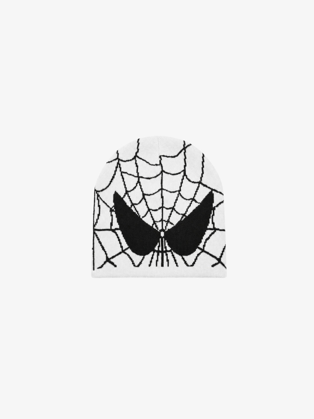 White and black Spiderman beanie spider web front view