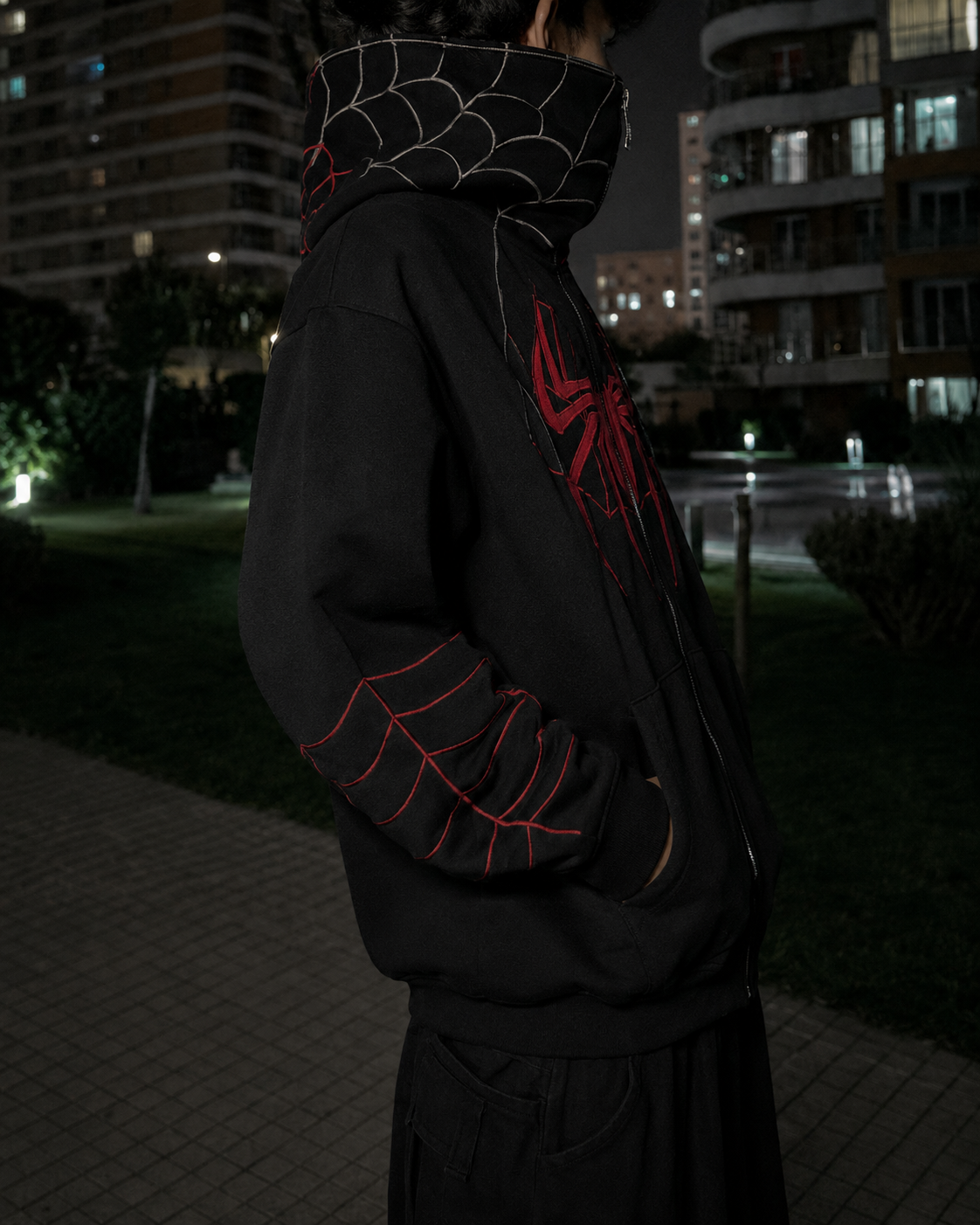 Full Zip Hoodie Spiderman black red hood and sleeve web detail