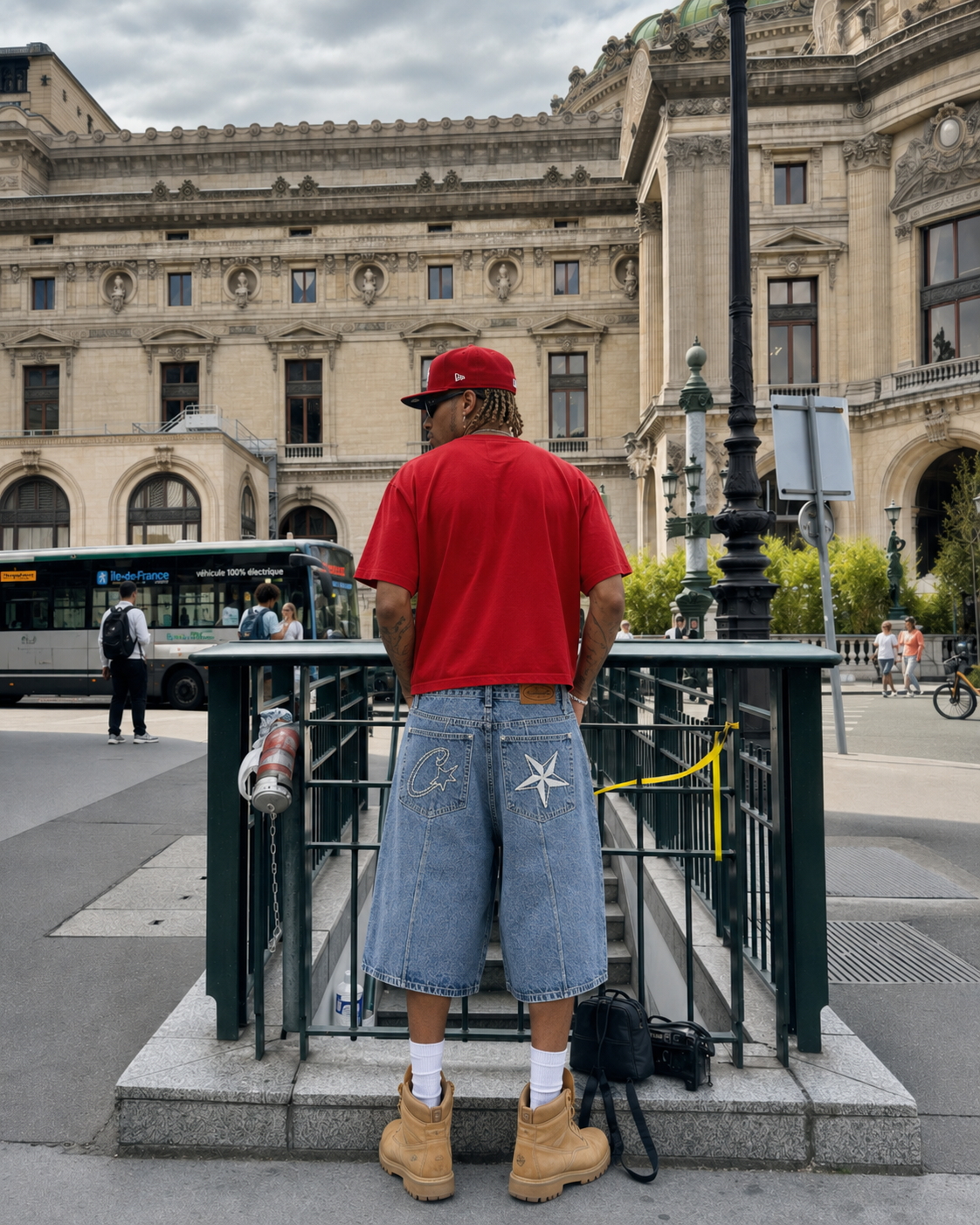 Star Jorts worn in the street, back view