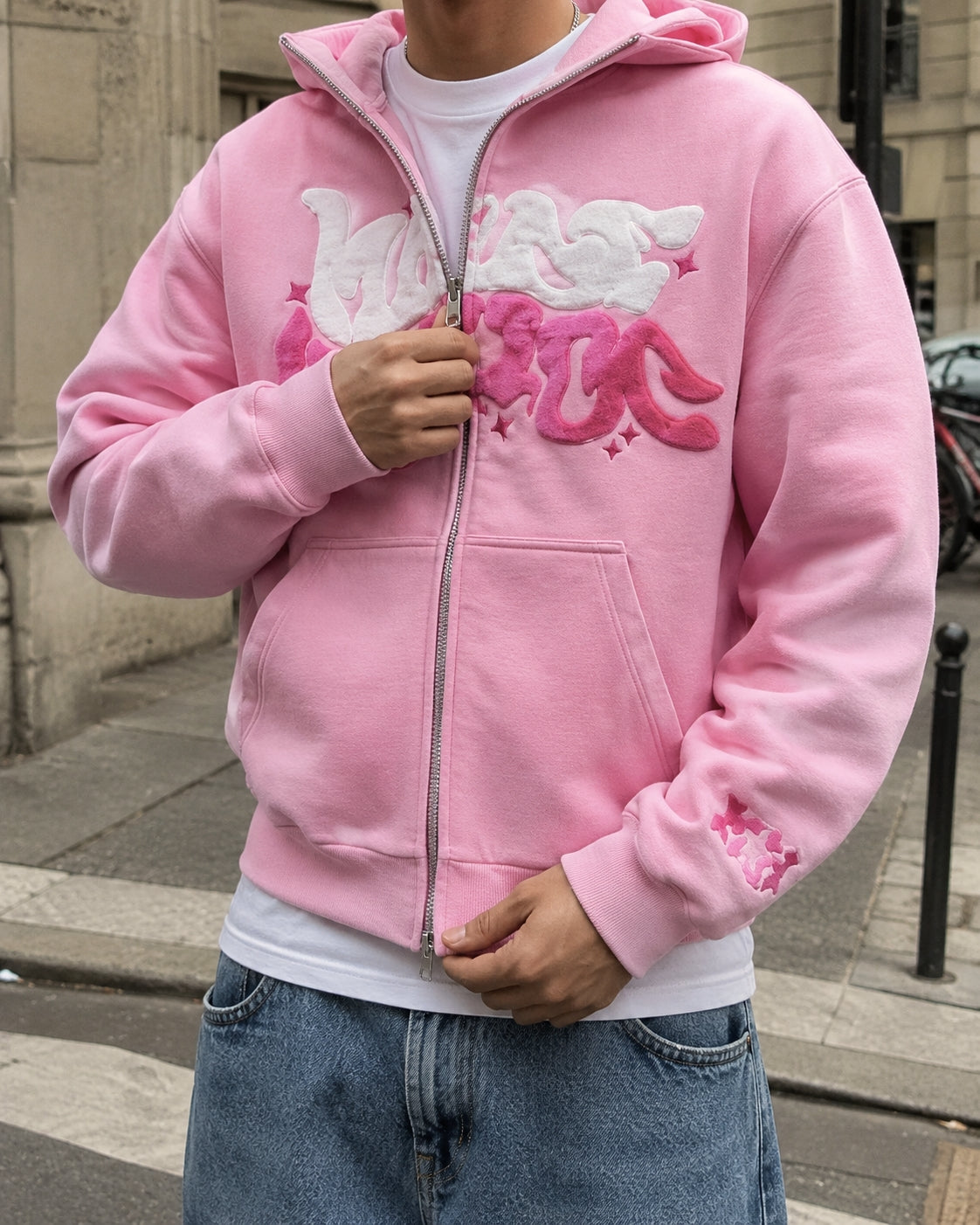 Zip-up hoodie Aesthetic front view with fit oversized streetwear