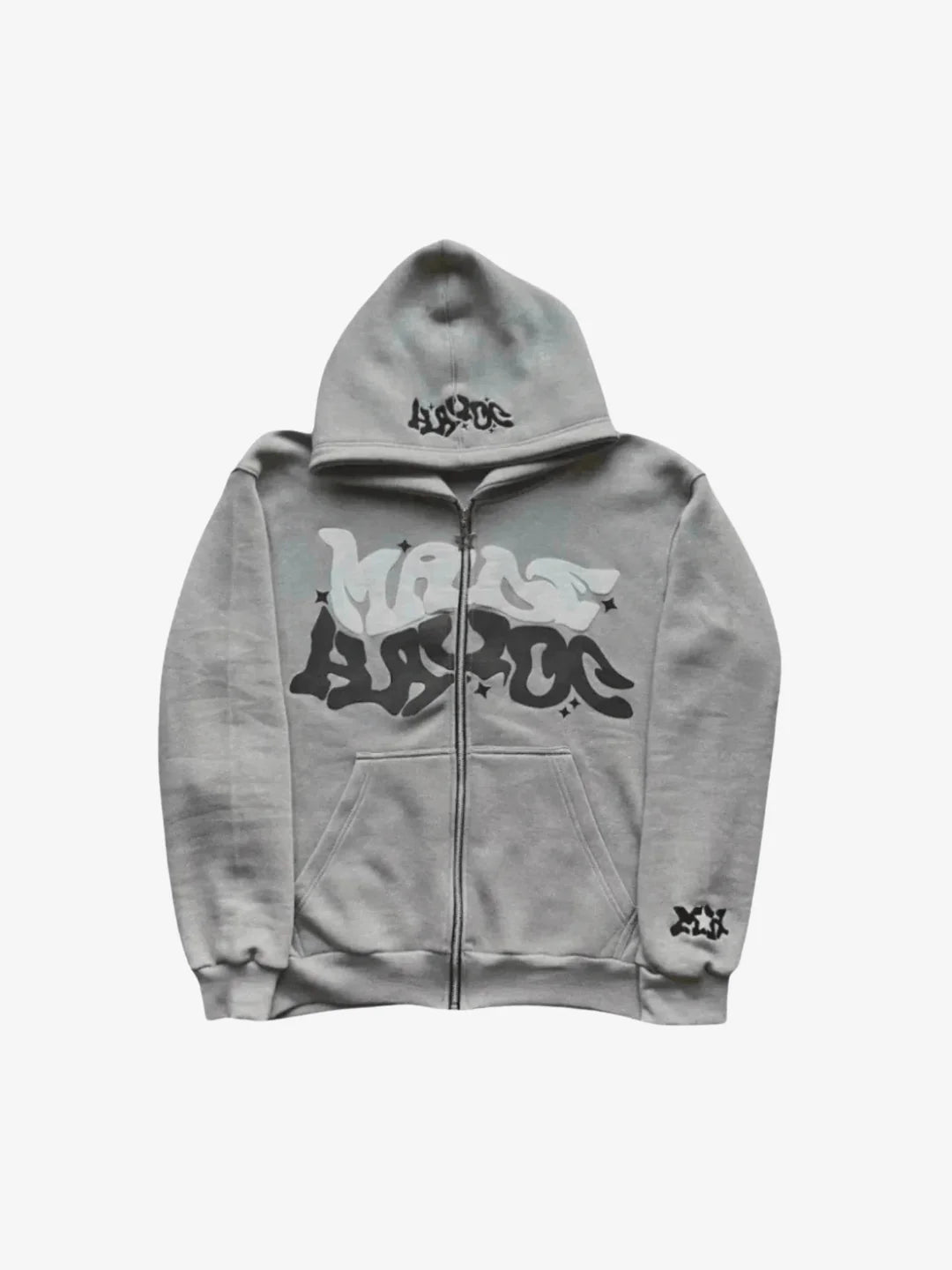 Zip-up hoodie Y2K white Aesthetic shown in an oversizedd product view