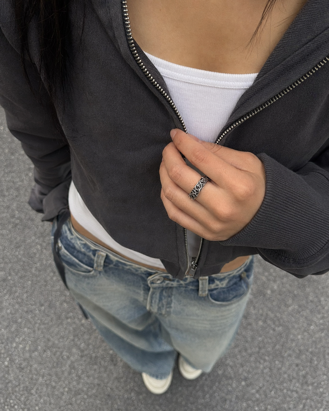 Silver tribal ring worn streetwear hand detail