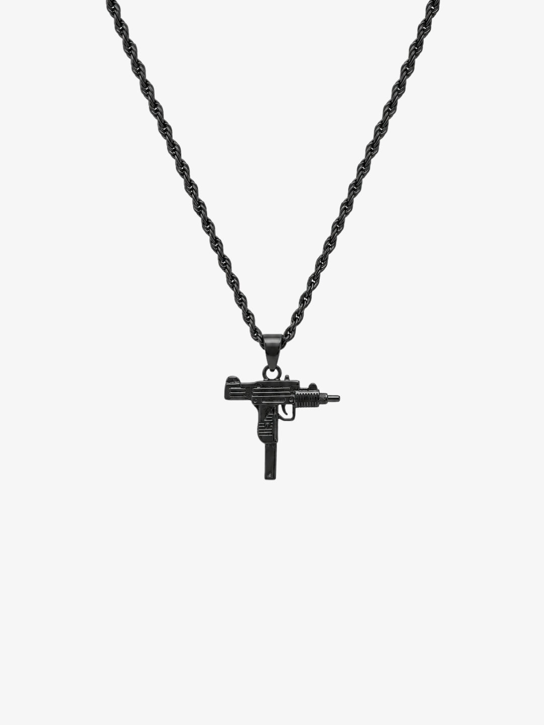 Black UZI necklace Y2K front view on white background