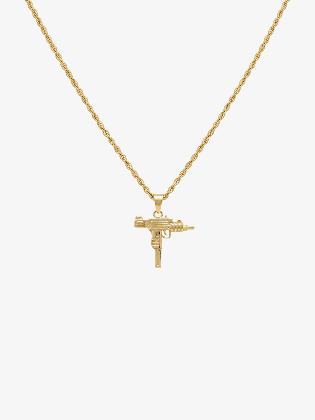 Gold UZI necklace Y2K front view on white background