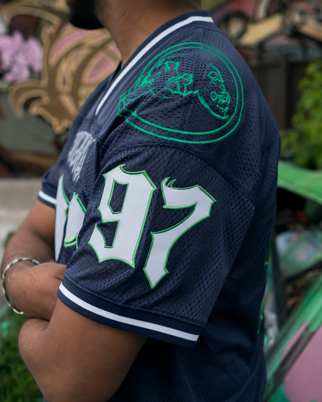 Navy vintage footballtrøje ærmedetalje, nummer 97