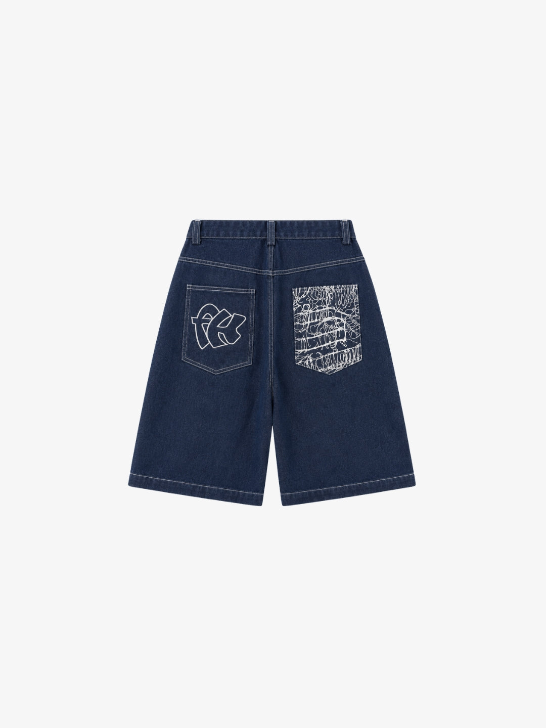Jorts graffiti blanc indigo vue de dos sur fond blanc, motifs graffiti poches visibles